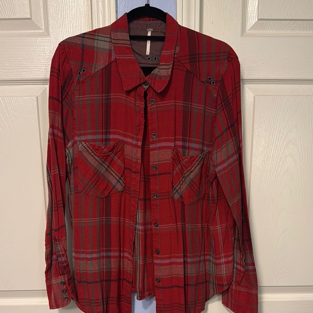 Free People Red and Gray Button Down Shirt